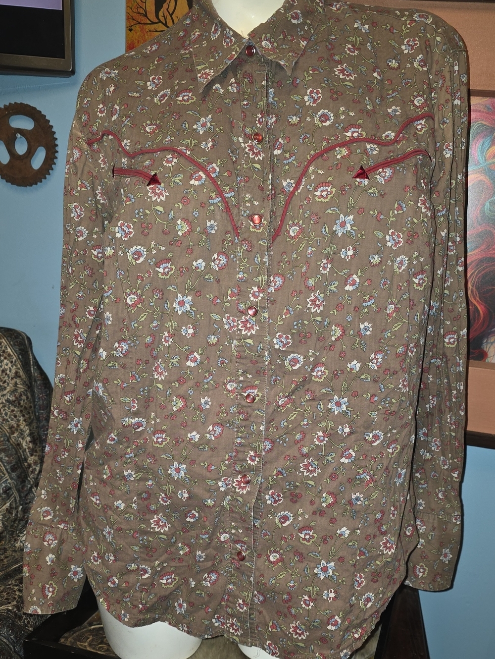 Shyanne Brown Floral Western Shirt with Red Trim